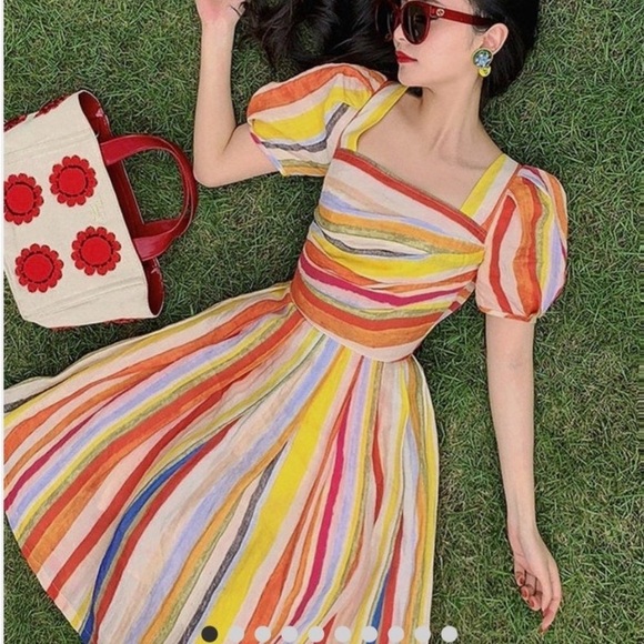 Mr. Water Dresses & Skirts - Mr Water Striped Puff Sleeve Dress Colorful